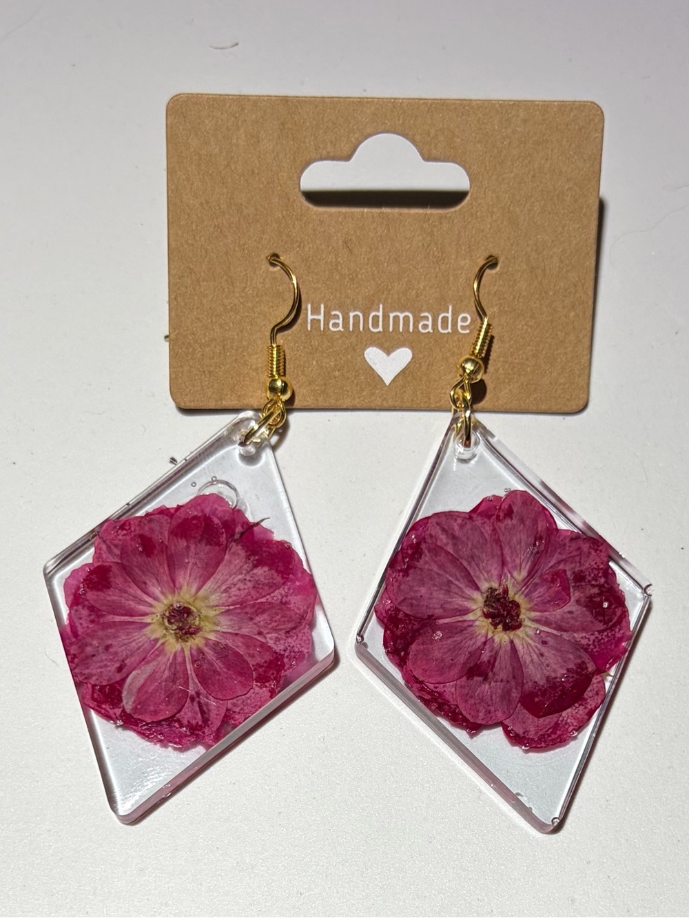 Handmade Pink Floral Resin Drop Earrings